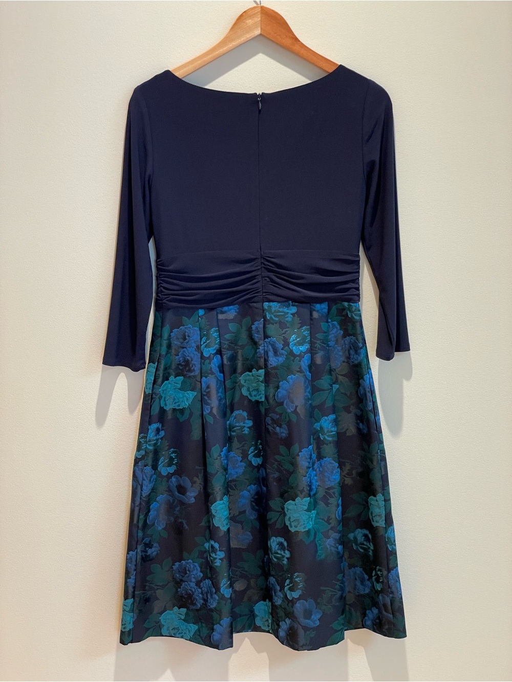 Navy Floral A-Line Dress with Three-Quarter Sleeves - Picture 3 of 3